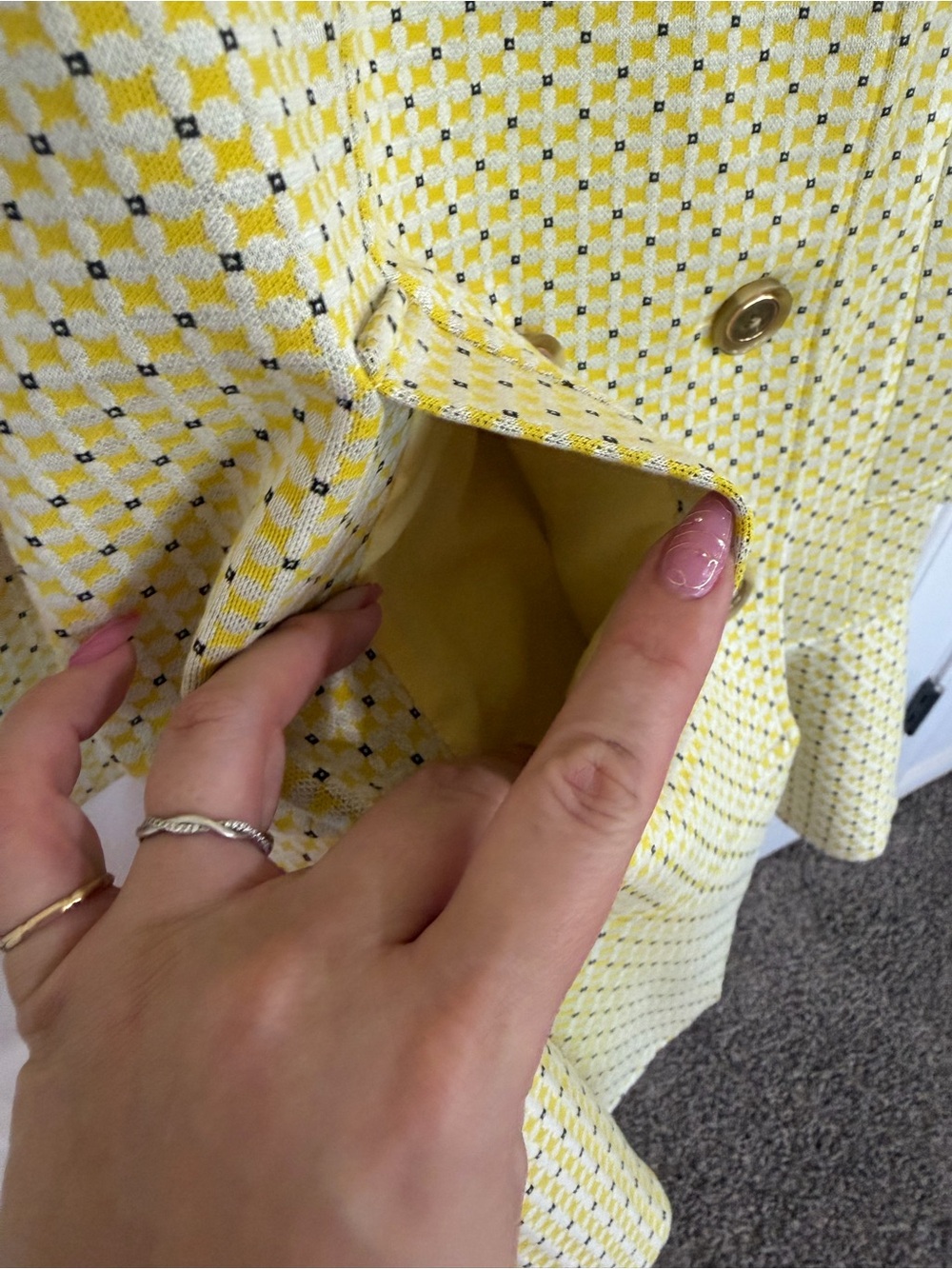 CAbi Hobnob Topper - Yellow Patterned Double-Breasted Peacoat with Ruffle Hem - Picture 8 of 10